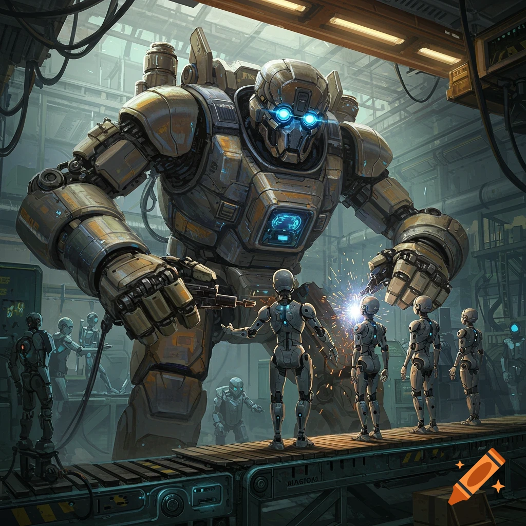 A large robot supervising smaller robots building others on a factory assembly line.