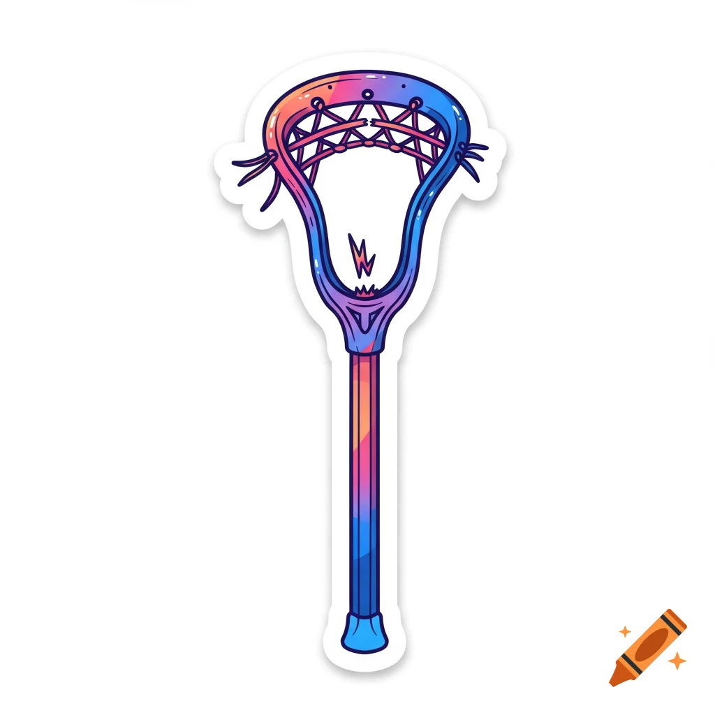 A stylized sticker illustration of a lacrosse stick with a colorful gradient from pink to blue.