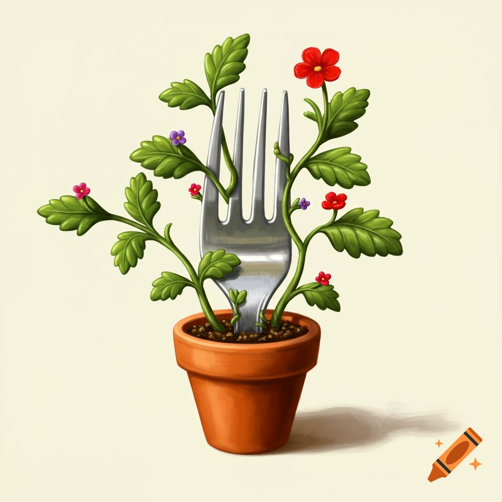 A fork growing like a plant in a terracotta pot