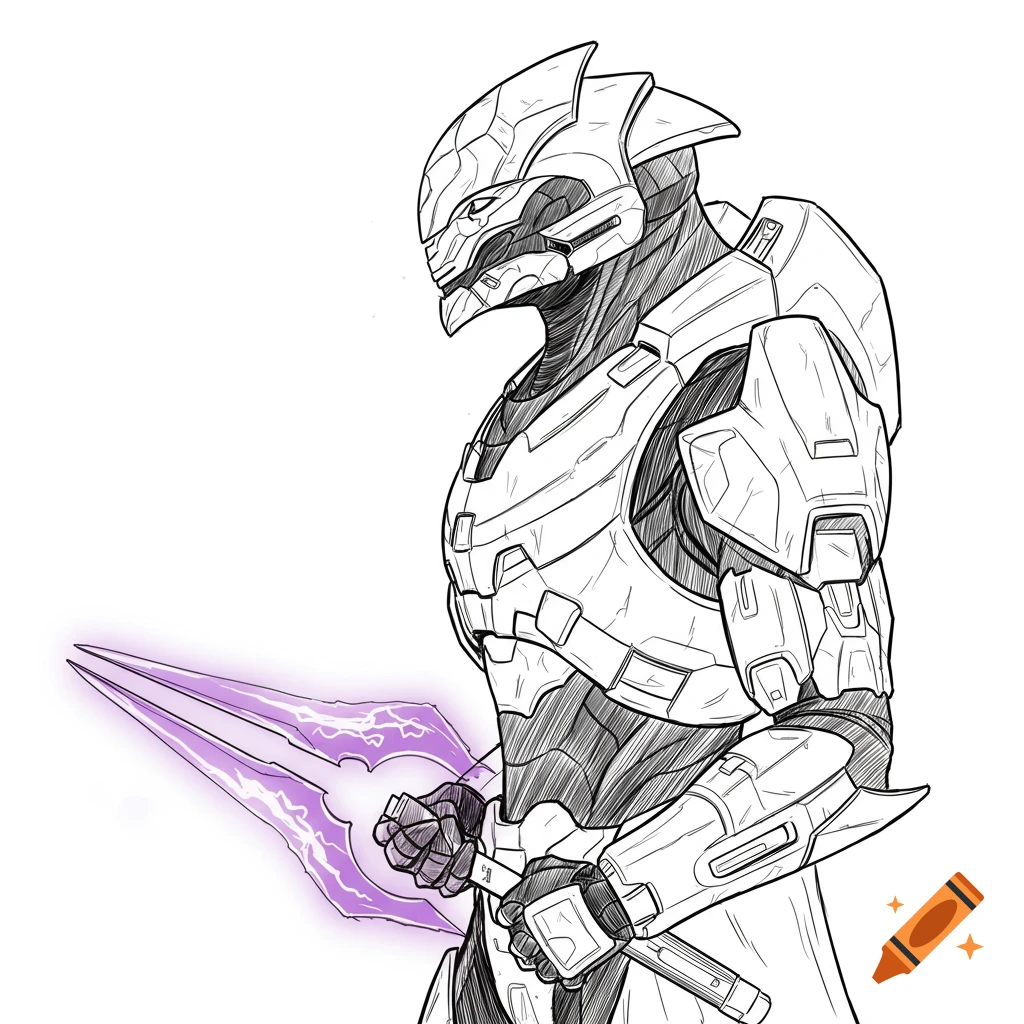 Line drawing of the Arbiter from Halo in profile holding an energy sword.