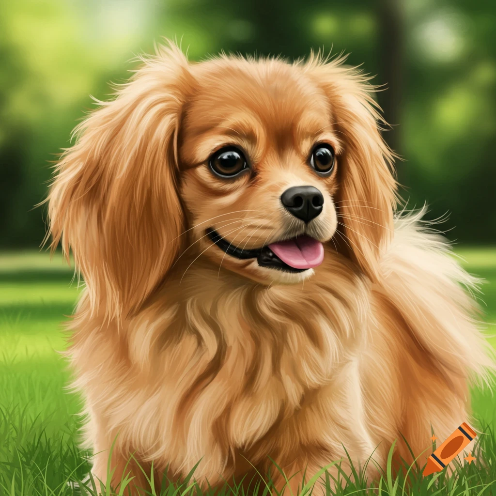A fluffy golden-brown dog sits in grass with its tongue out.