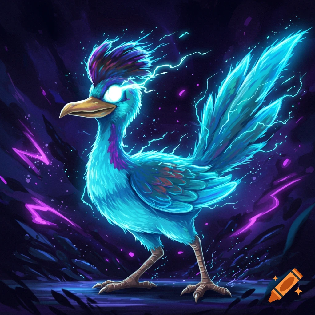 A glowing blue electric roadrunner bird creature surrounded by lightning and neon energy.