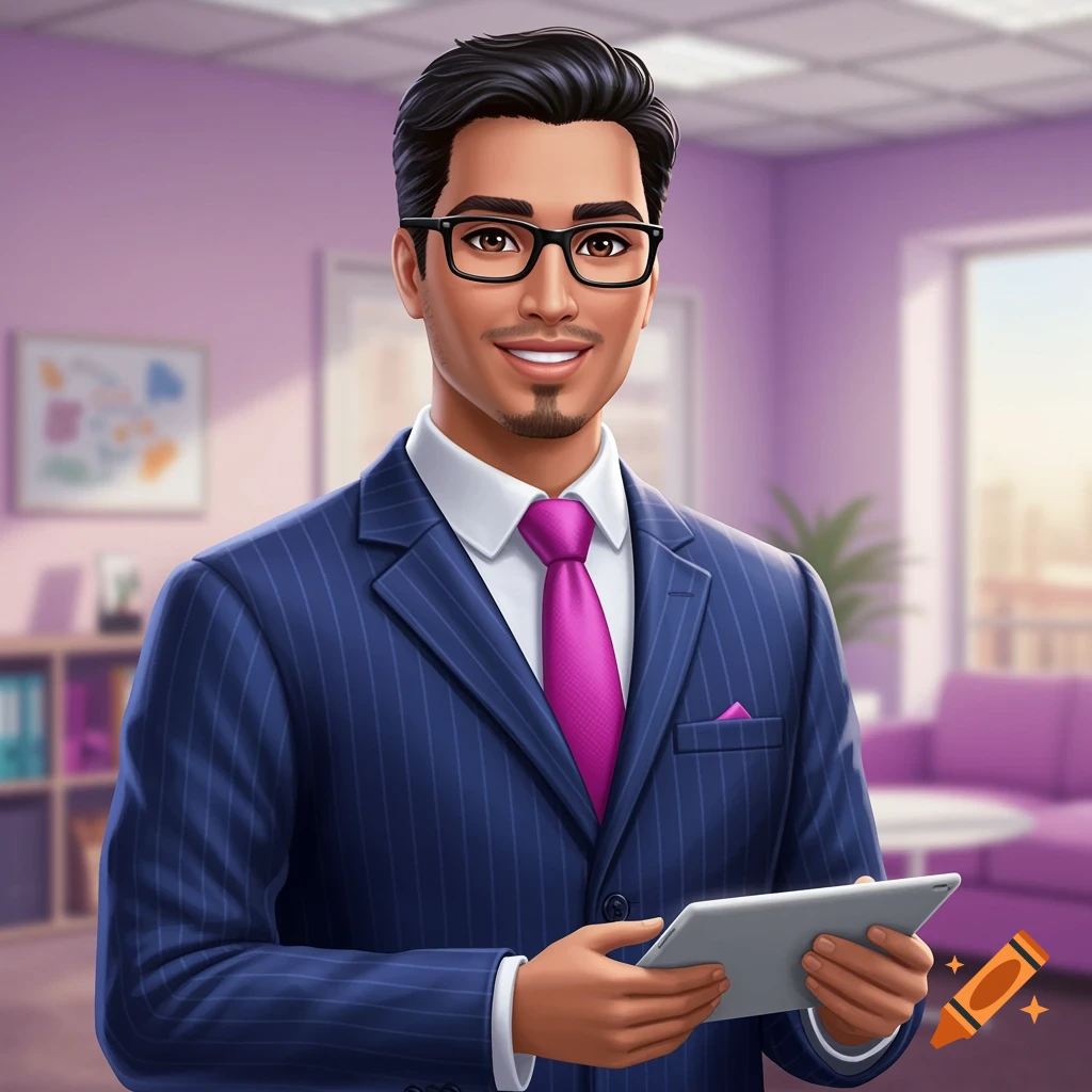 A man in a pinstripe suit holds a tablet in an office.