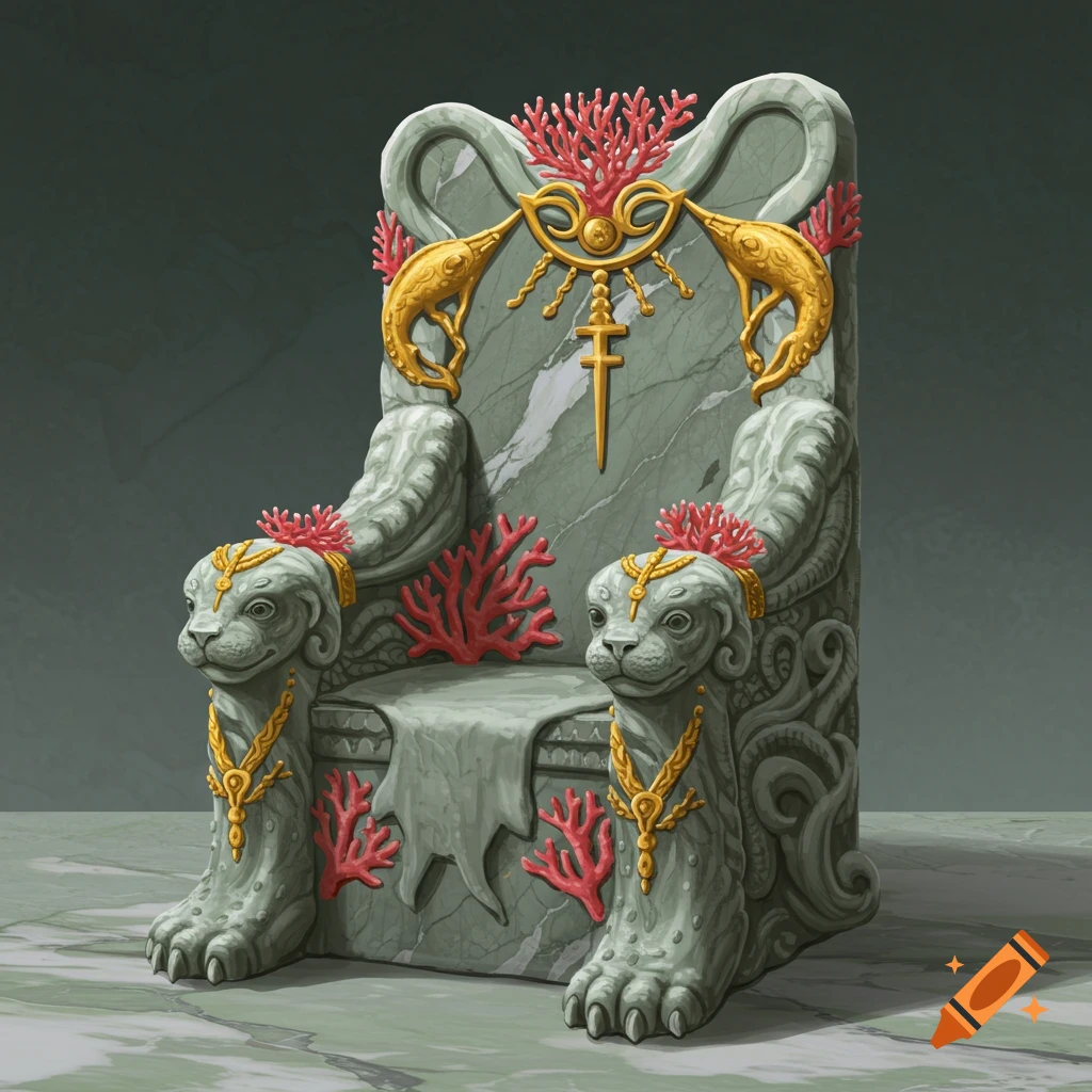 A grey-green marble throne with coral, gold, and sea-beast carvings.