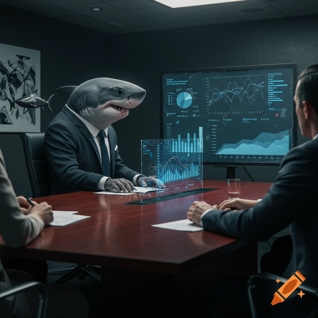 Photorealistic image of a great white shark wearing a business suit and tie, sitting at a conference table.