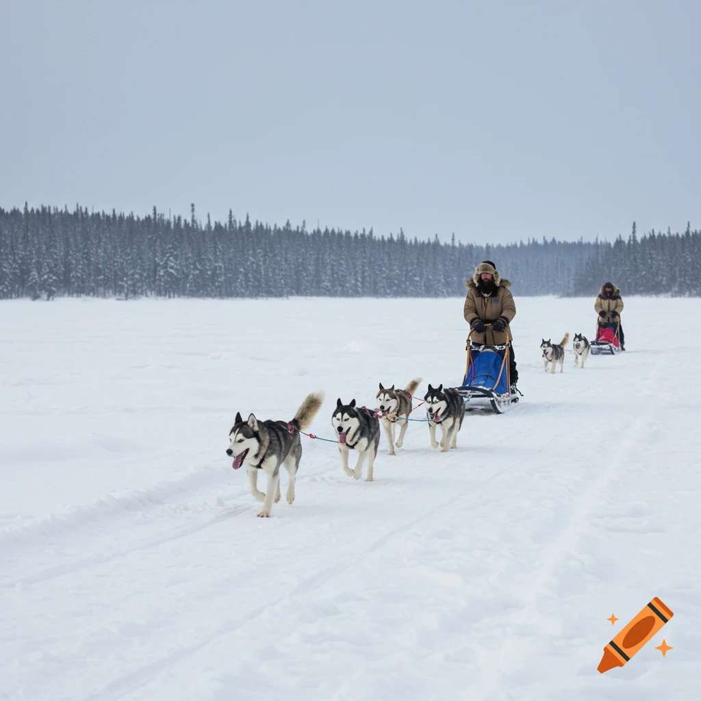 People dog sledding across a snowy plain with a forest in the background