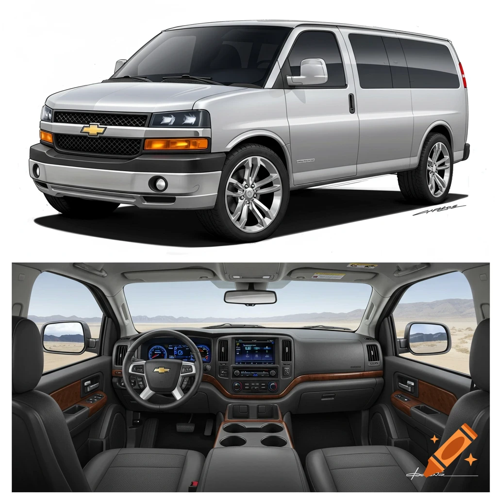 A silver Chevrolet van, showing both its exterior and interior.