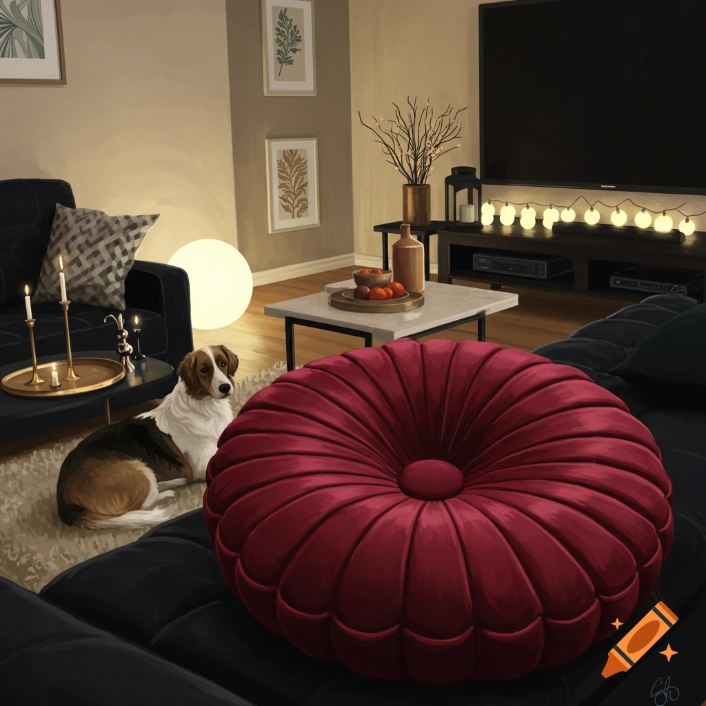 A dog in a cozy living room with a red velvet pillow on a black couch.