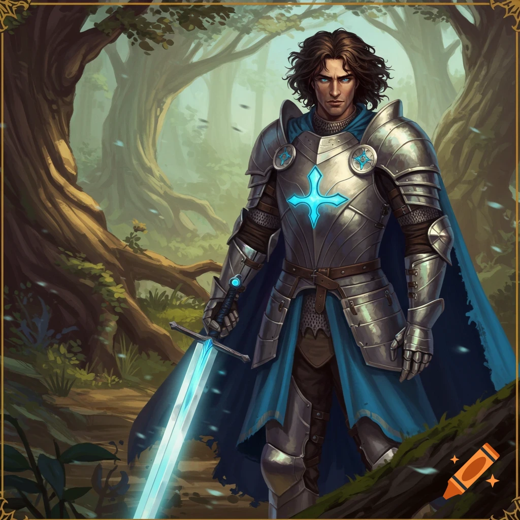 A knight in shining armor stands in a forest.