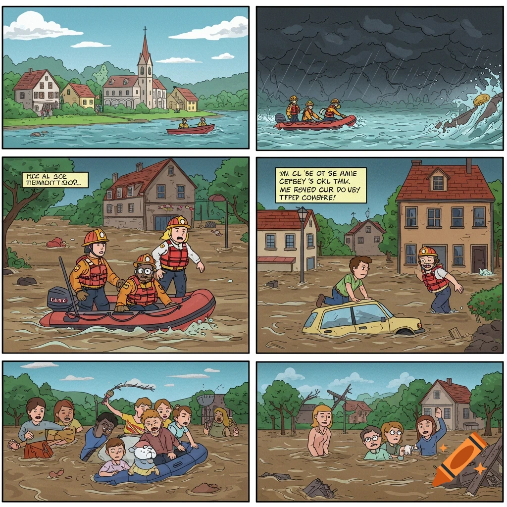 Cartoon comic strip showing a town flooding and people being rescued by boat.