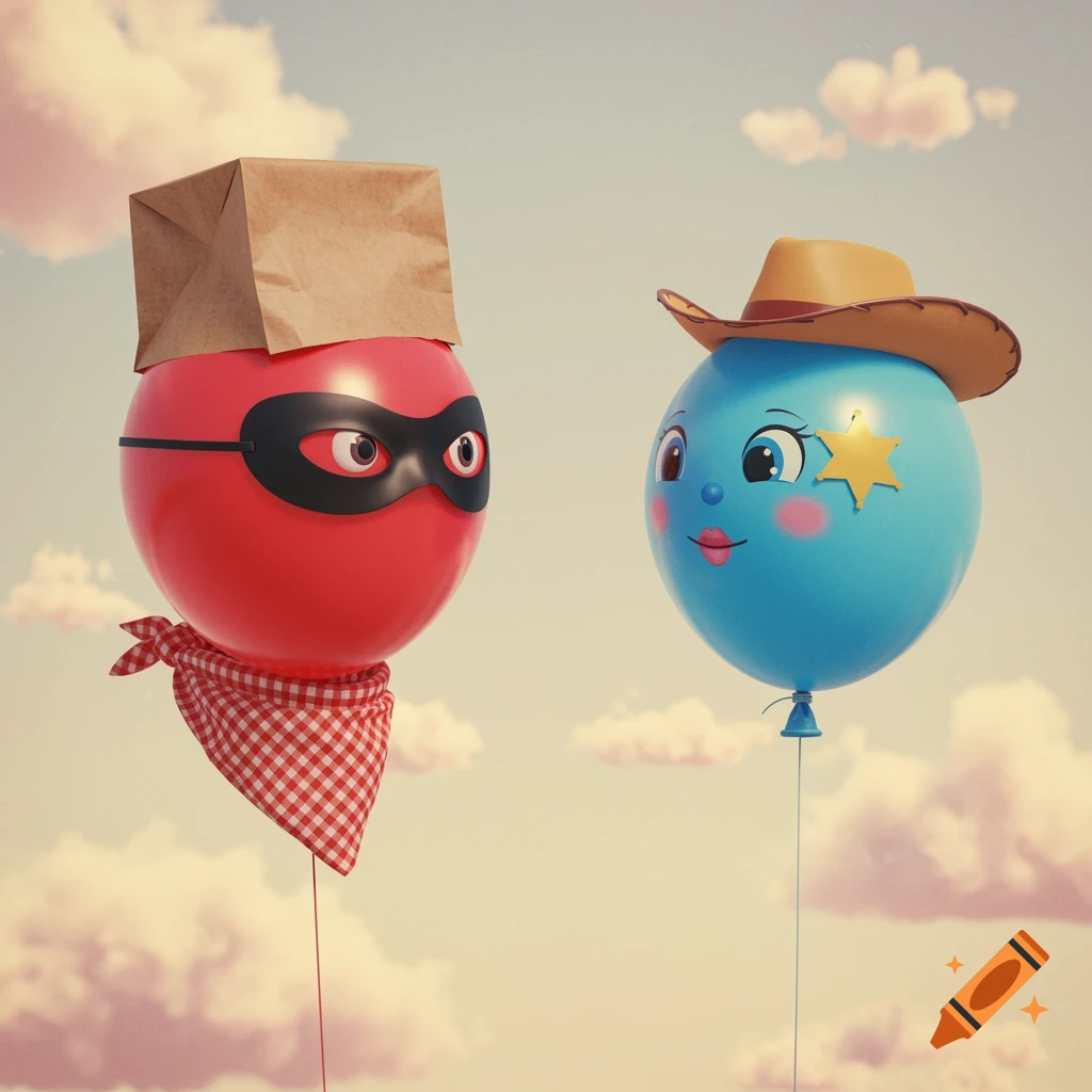 Two balloons, one as a bandit with a paper bag hat and mask, the other as a sheriff with a cowboy hat and badge, float in a cloudy sky.