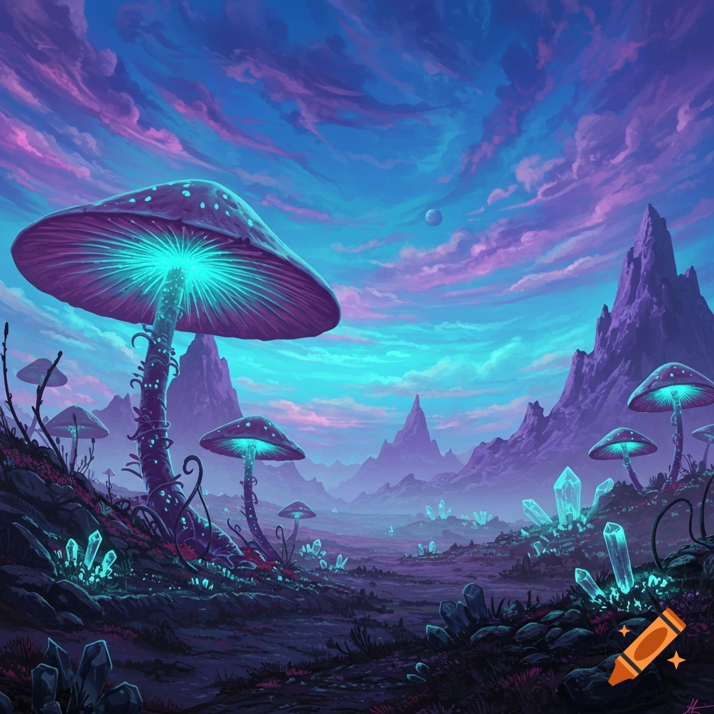A vibrant fantasy landscape featuring large glowing mushrooms and crystals under a swirling purple and blue sky.