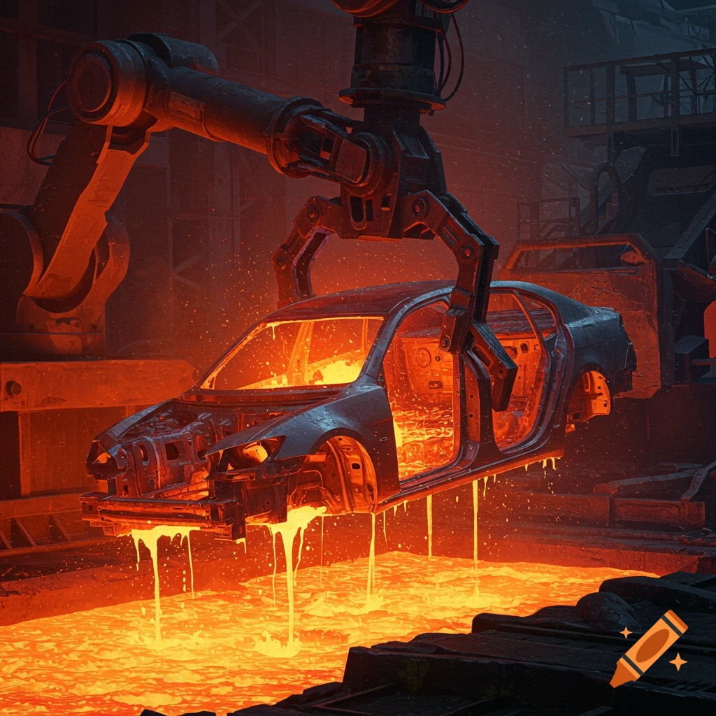 Robot arm lifts car structure from molten metal pool