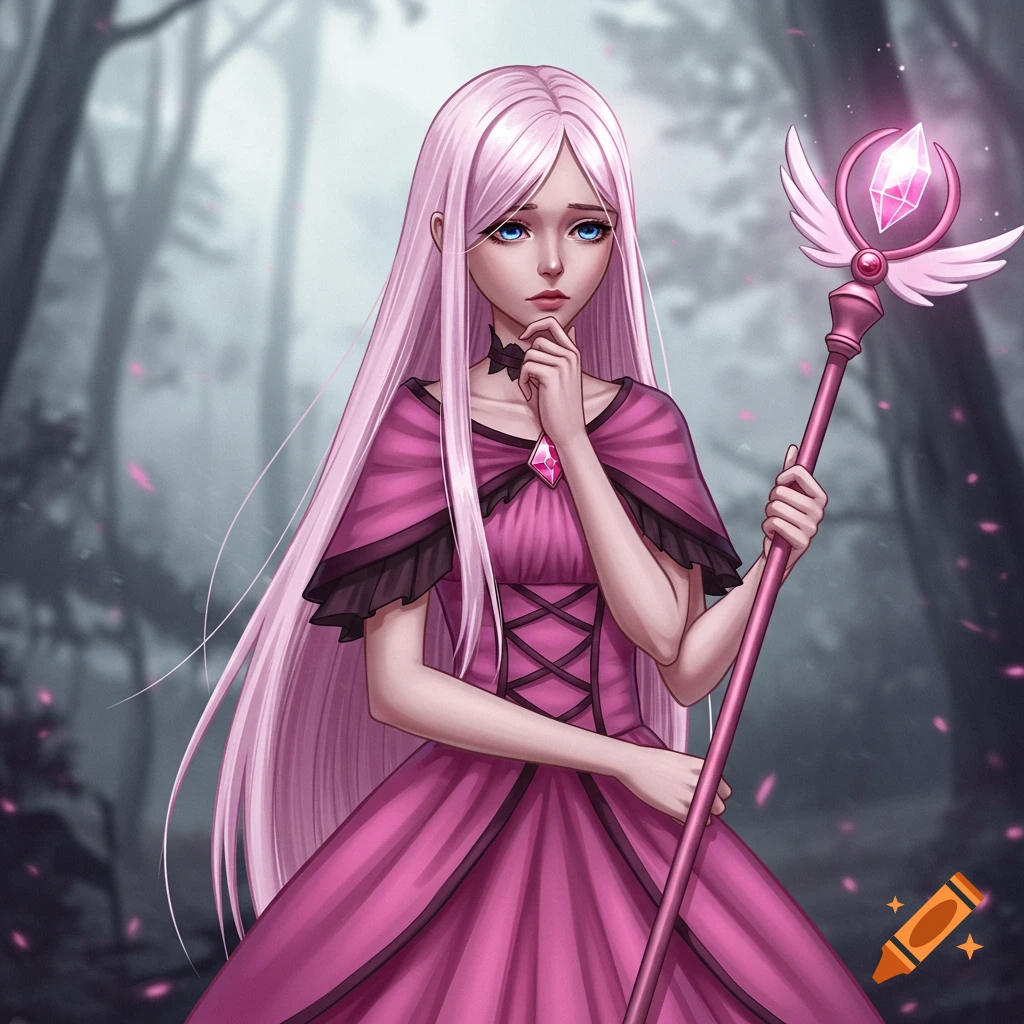 Illustration of a solemn pink-haired magical girl holding a staff in a dark forest.