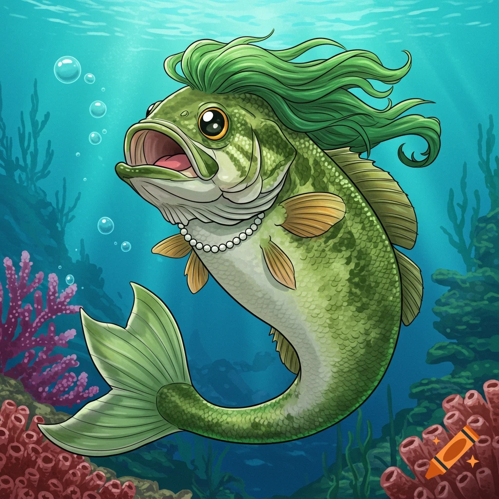 A whimsical illustration of a bass fish blended with a mermaid, swimming underwater.