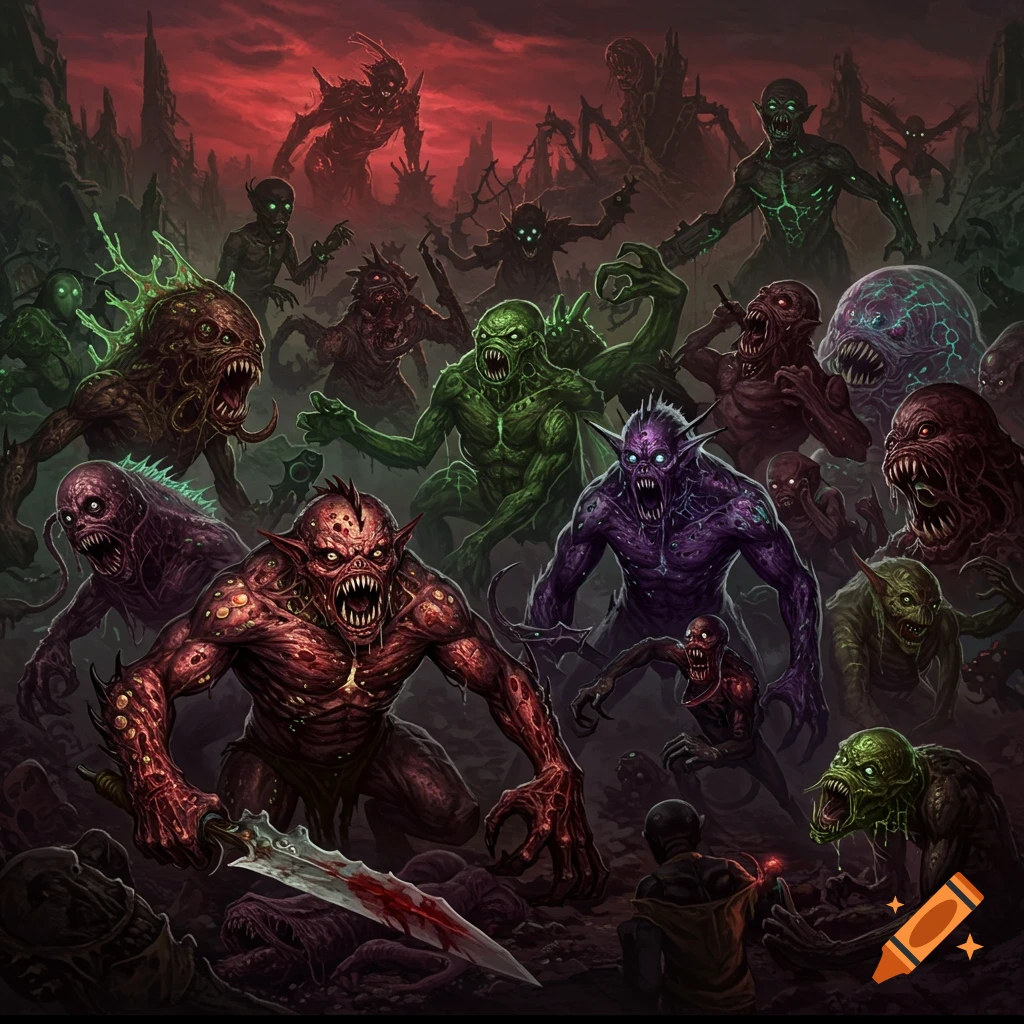 Many colorful mutant monsters in a dark, rocky landscape under a red sky.