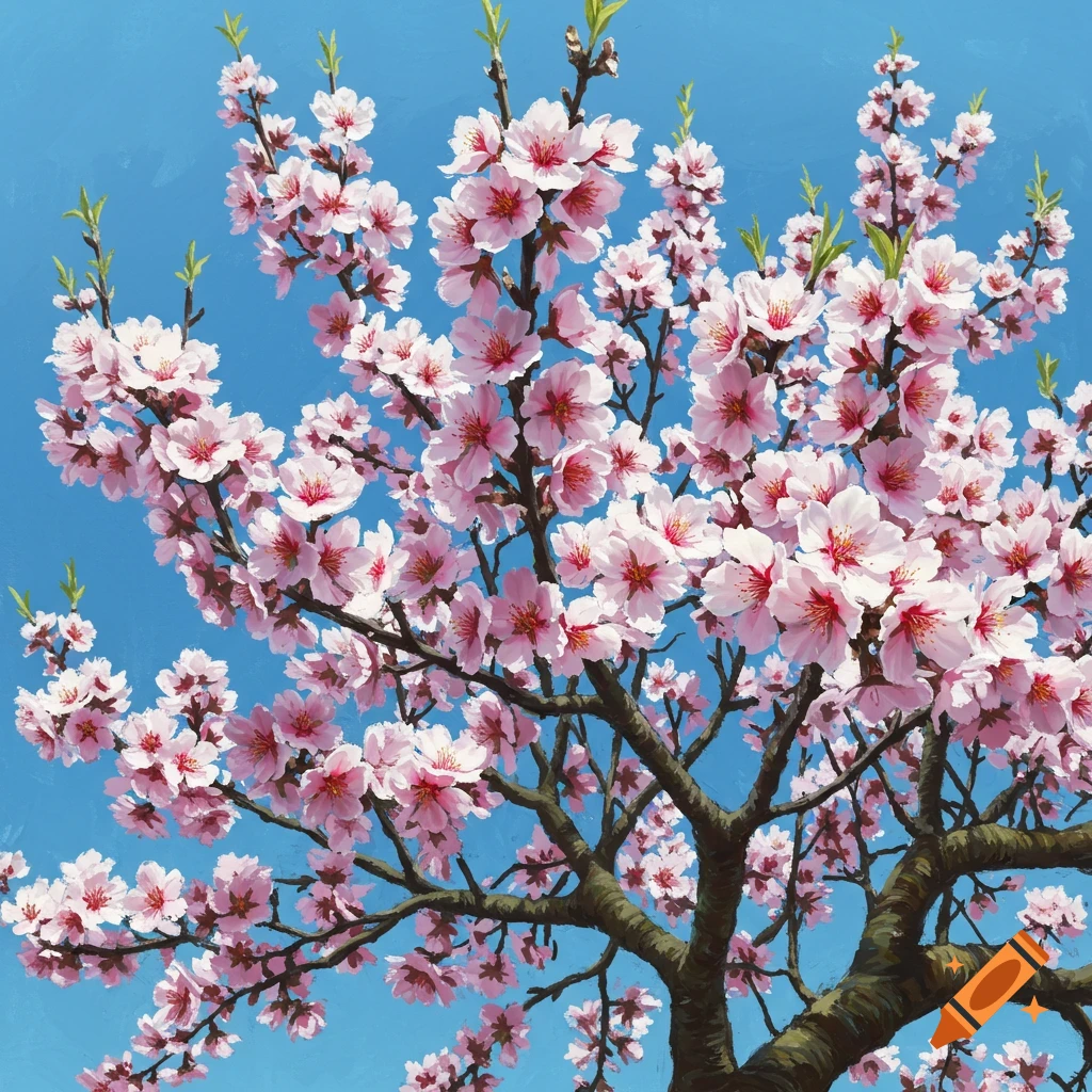 Pink almond blossoms against a blue sky