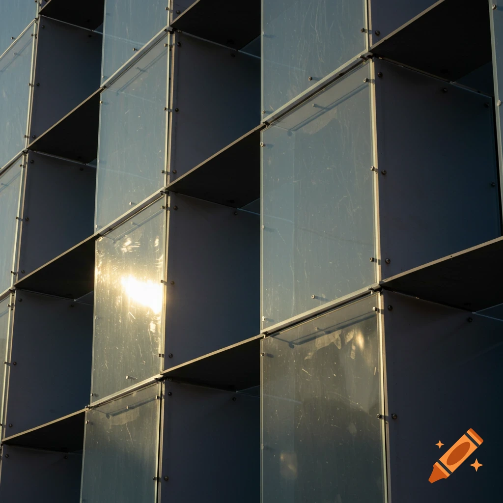 Close-up of a modern building facade with square plexiglass panels reflecting sunlight.
