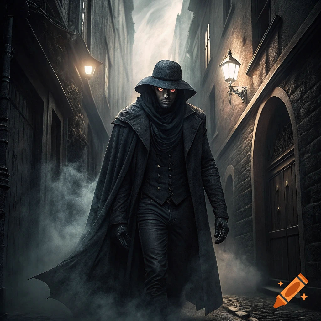 Tall figure in black coat and hat with glowing red eyes walks through a misty, dark alleyway.