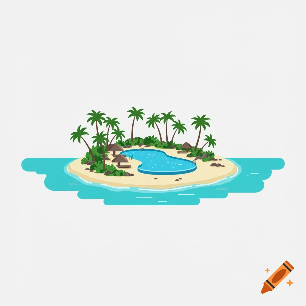 A vector graphic of a tropical island with a beach, pool, palm trees, and huts.