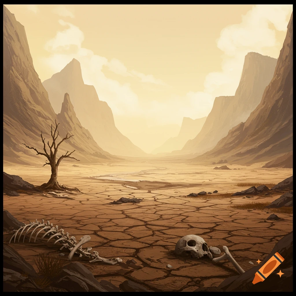 Dry valley with mountains, a dead tree, skull, and skeleton on cracked earth.