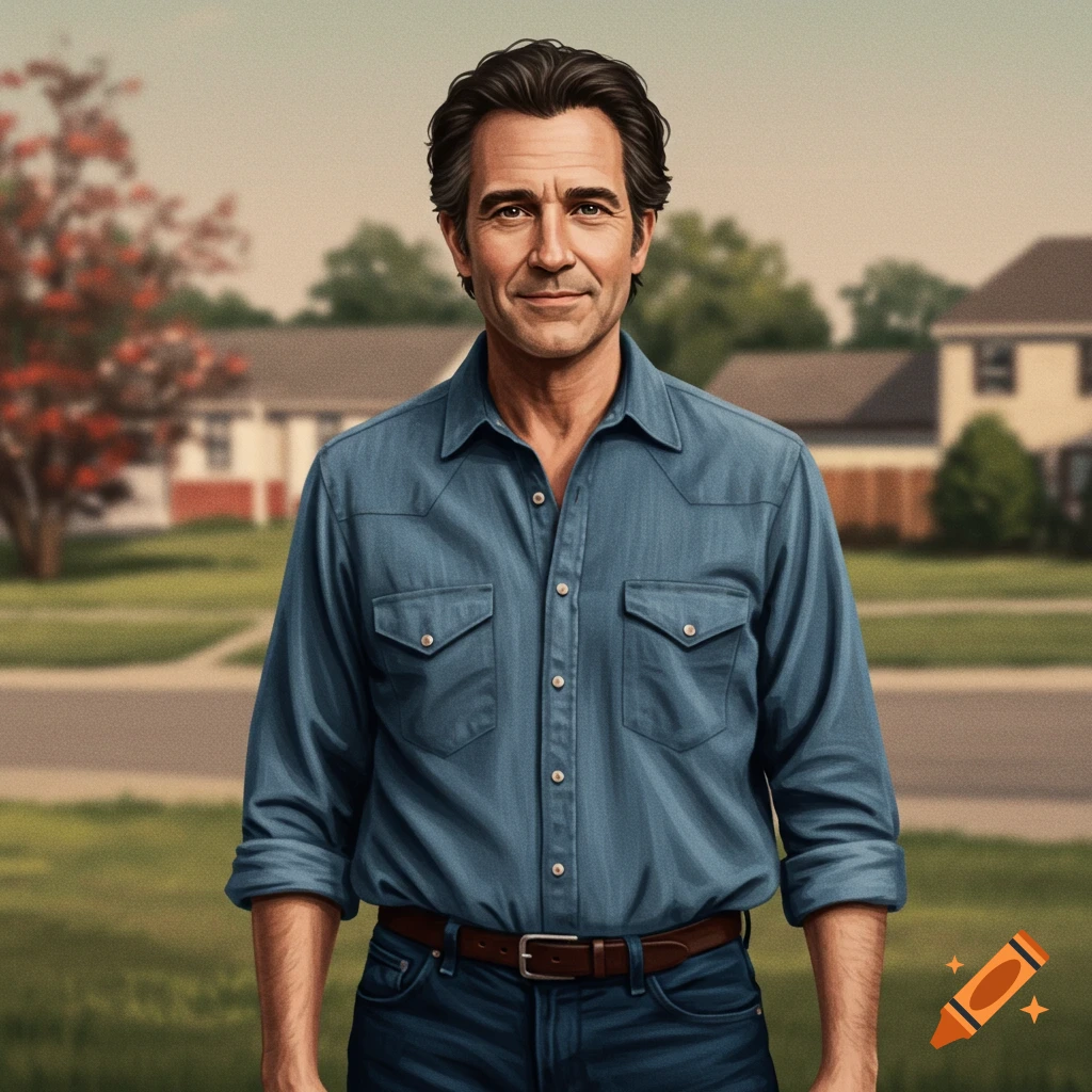 A man in a blue shirt standing in a suburban neighborhood.