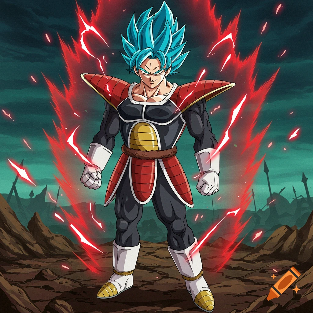 An anime character with blue spiky hair and Saiyan armor stands on a rocky battlefield with red energy crackling around him.