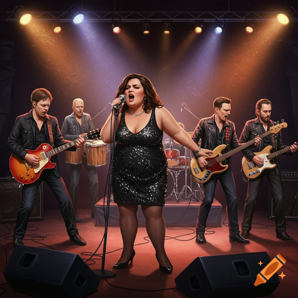 A rock band with a female singer performs on stage under spotlights.