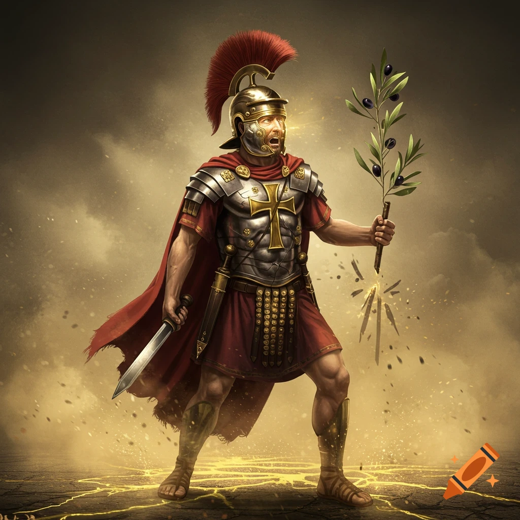 Roman centurion in armor stands on cracked ground holding a sword and olive branch, dramatic sky background, realistic illustration.