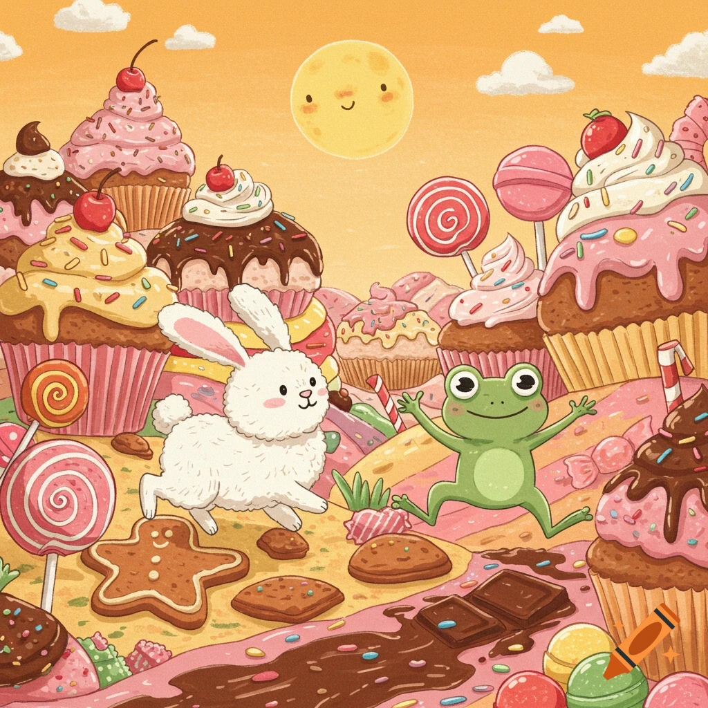 Cartoon illustration of a white bunny and green frog in a landscape made of giant desserts like cupcakes, lollipops, and cookies.