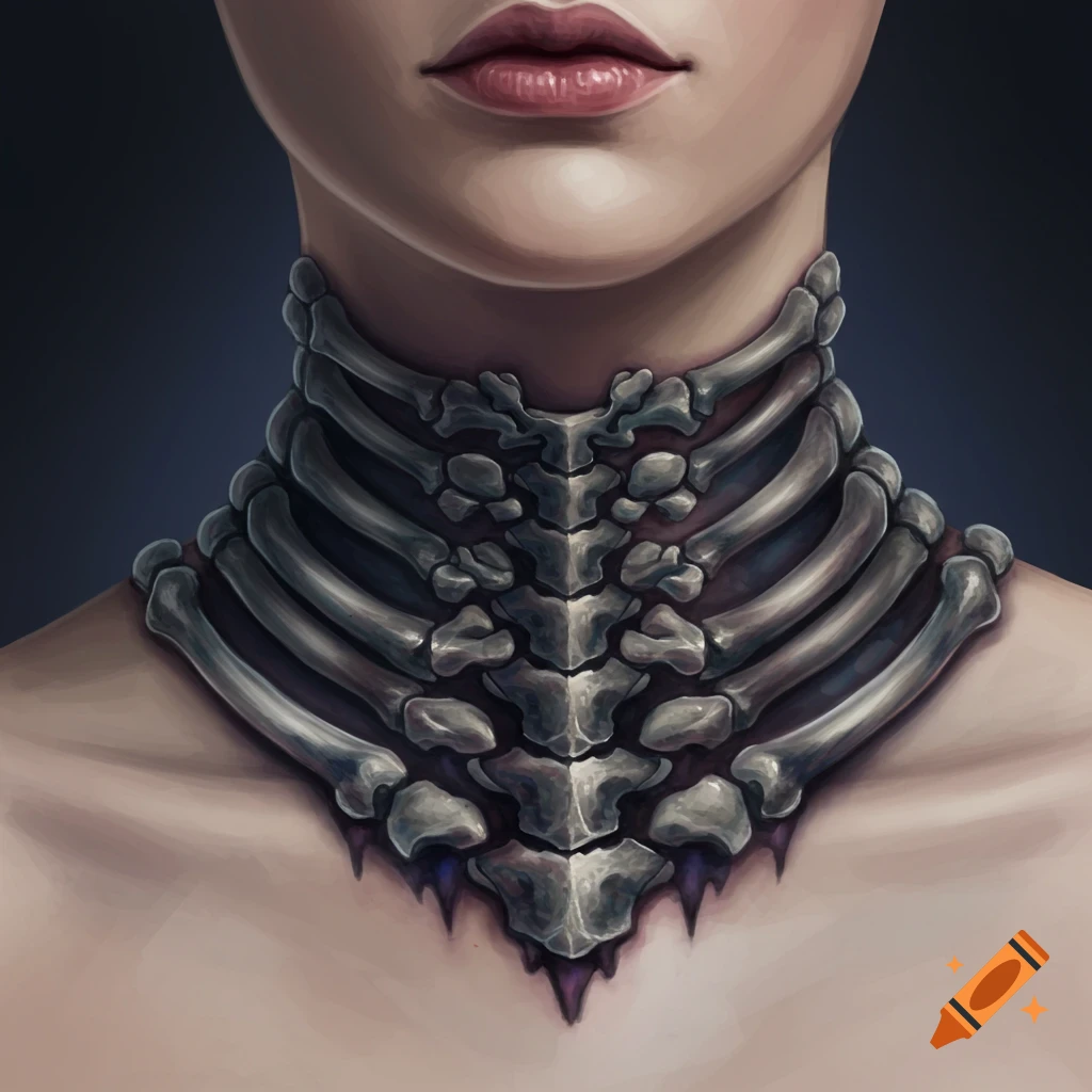 A person wearing a bone collar or necklace.