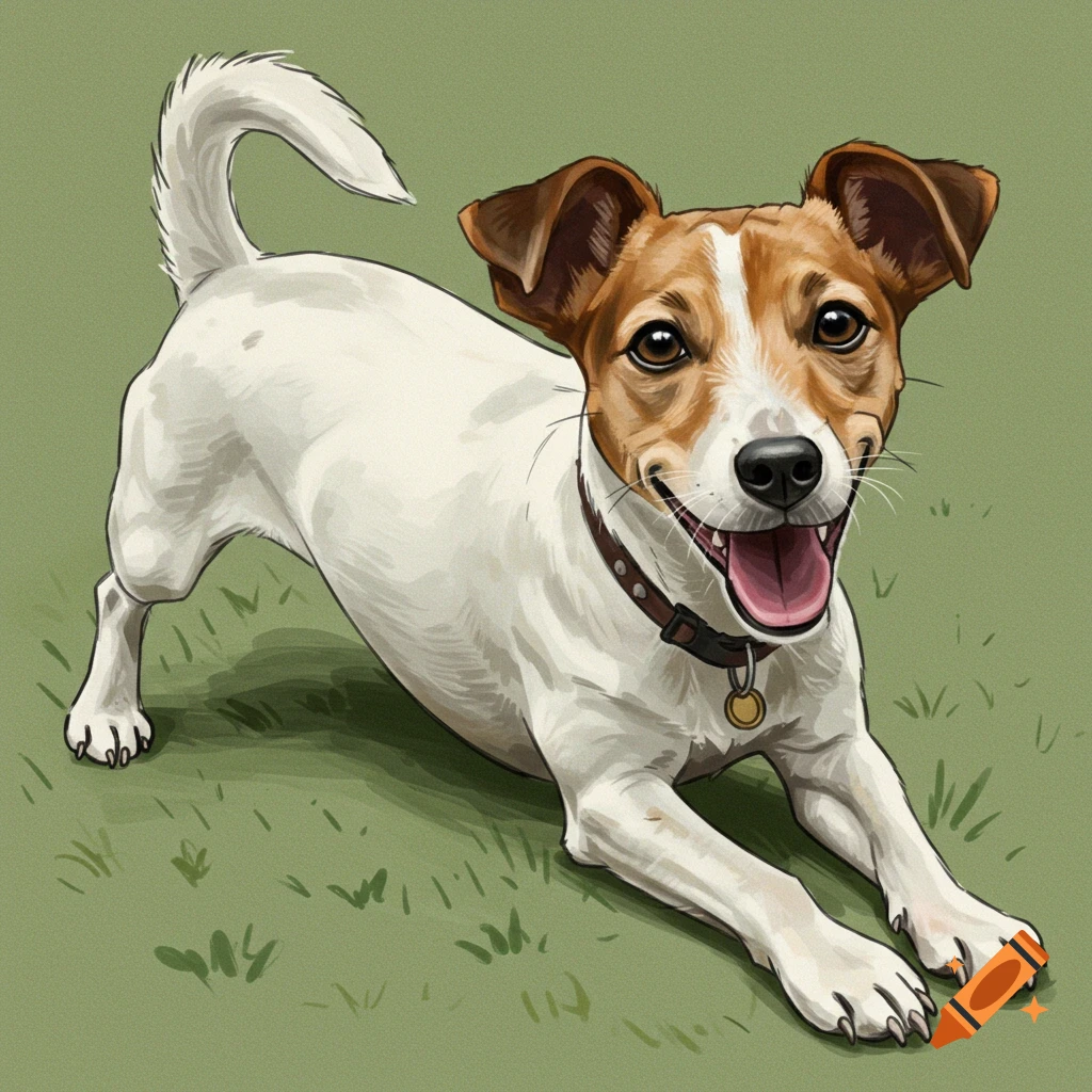 Stylized picture of a happy Jack Russell Terrier in a play bow on green ground.