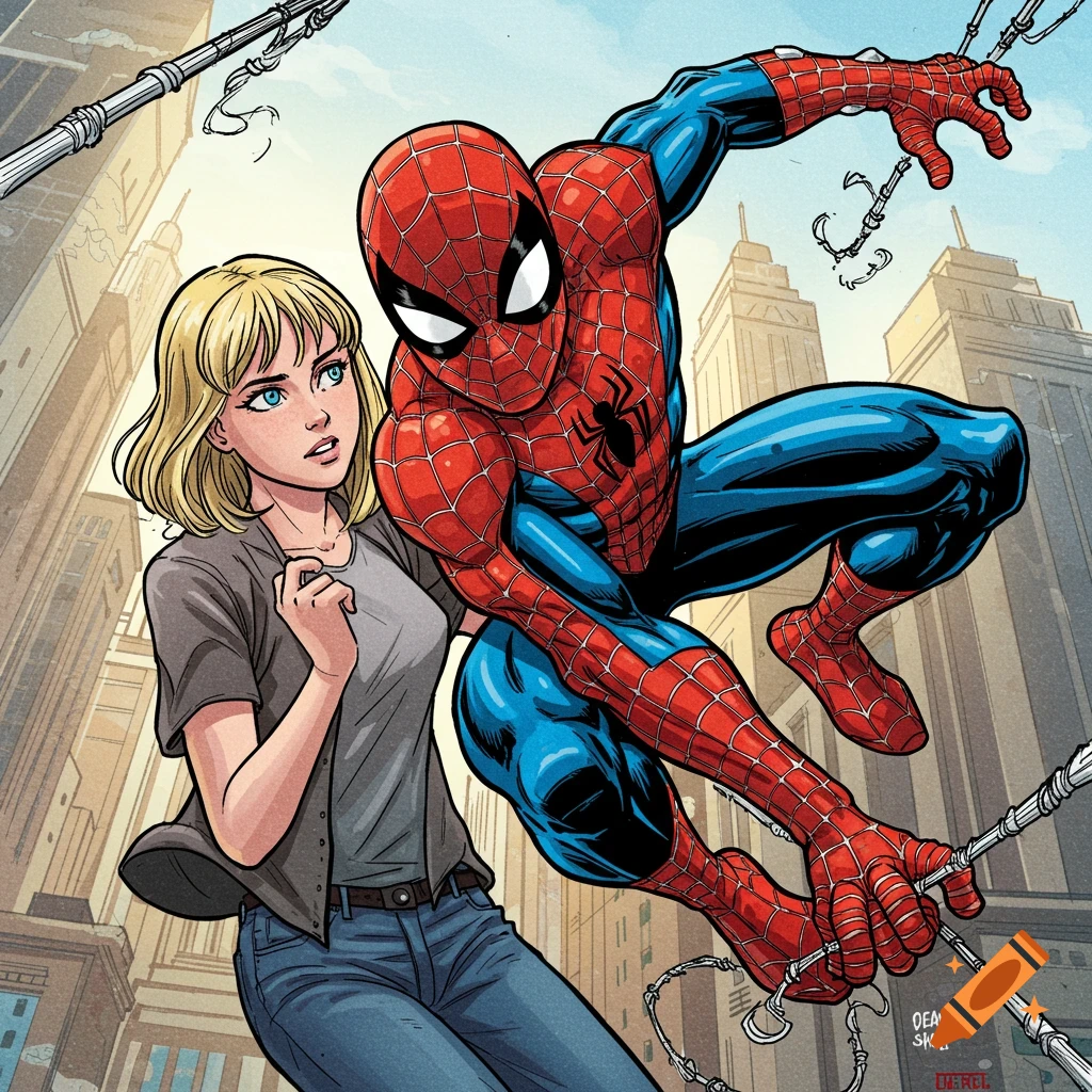 Spider-Man swinging past a woman in a city, comic art style.