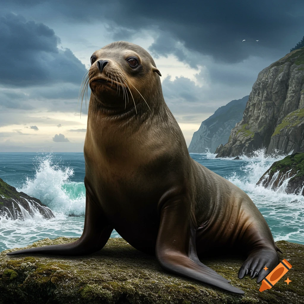 A sea lion sits on a rock by the ocean with waves crashing.
