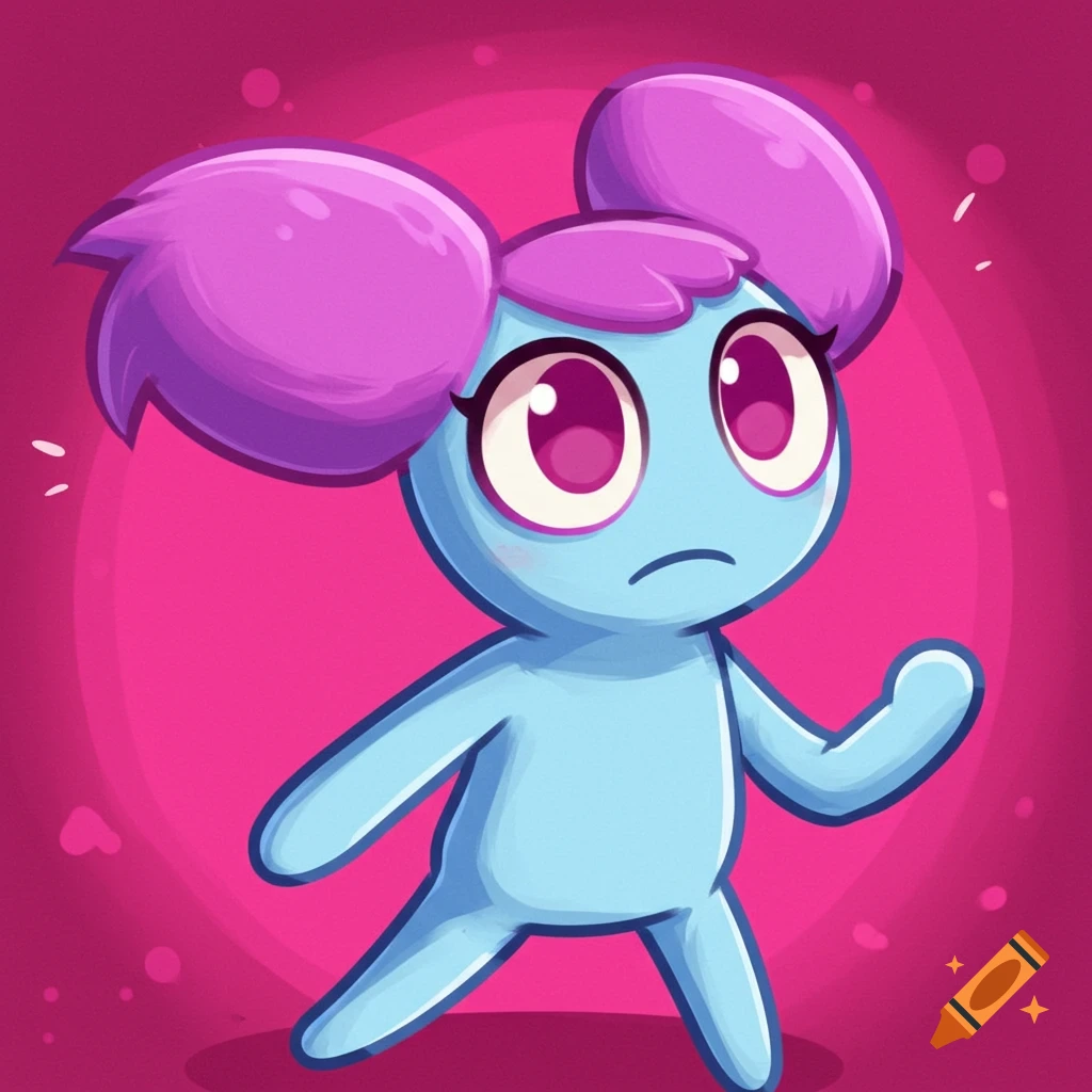 Pibby, a blue cartoon character with pink hair, standing on a pink background.