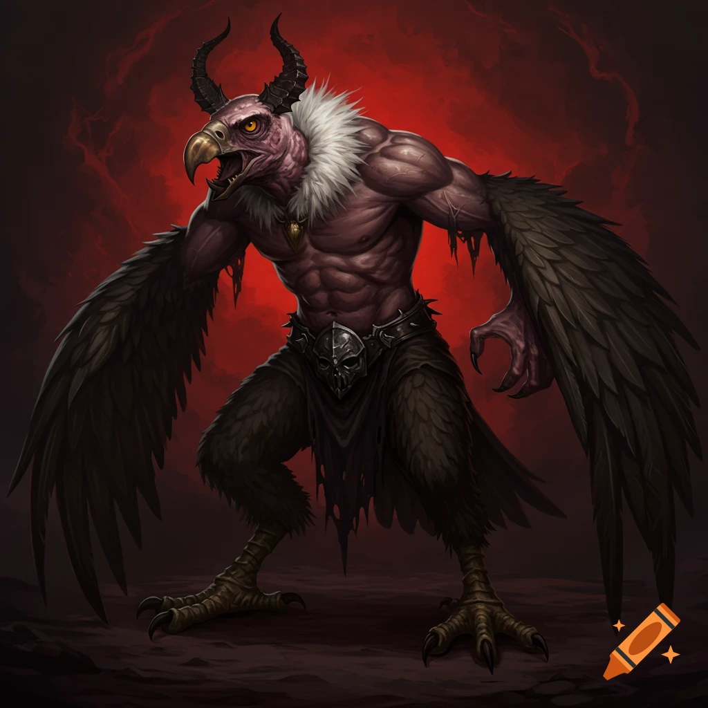 A demon with a vulture head and eagle feet against a red background.