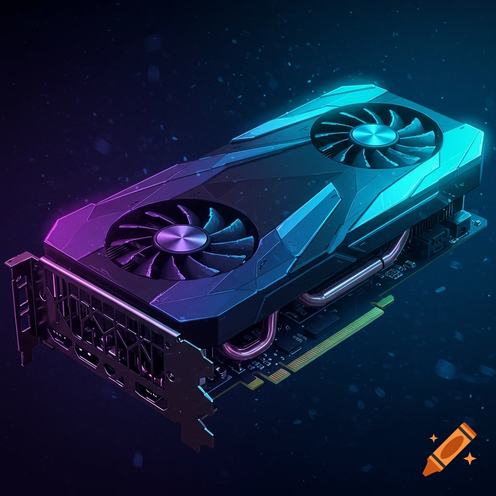 A stylized image of a graphics card with blue and purple lighting.