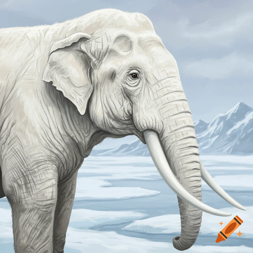 A white elephant in a snowy landscape with mountains.
