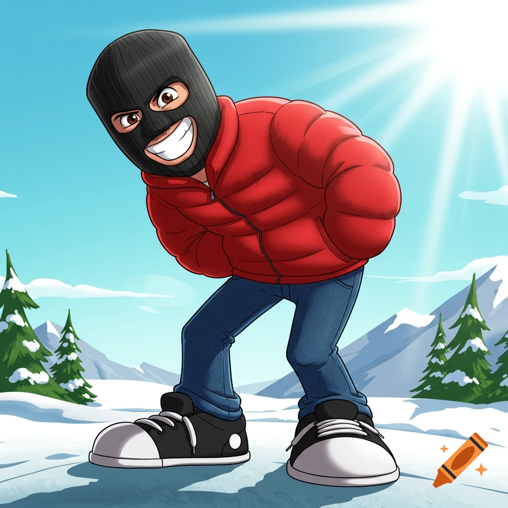 A cartoon man in a ski mask stands on a snowy mountain.