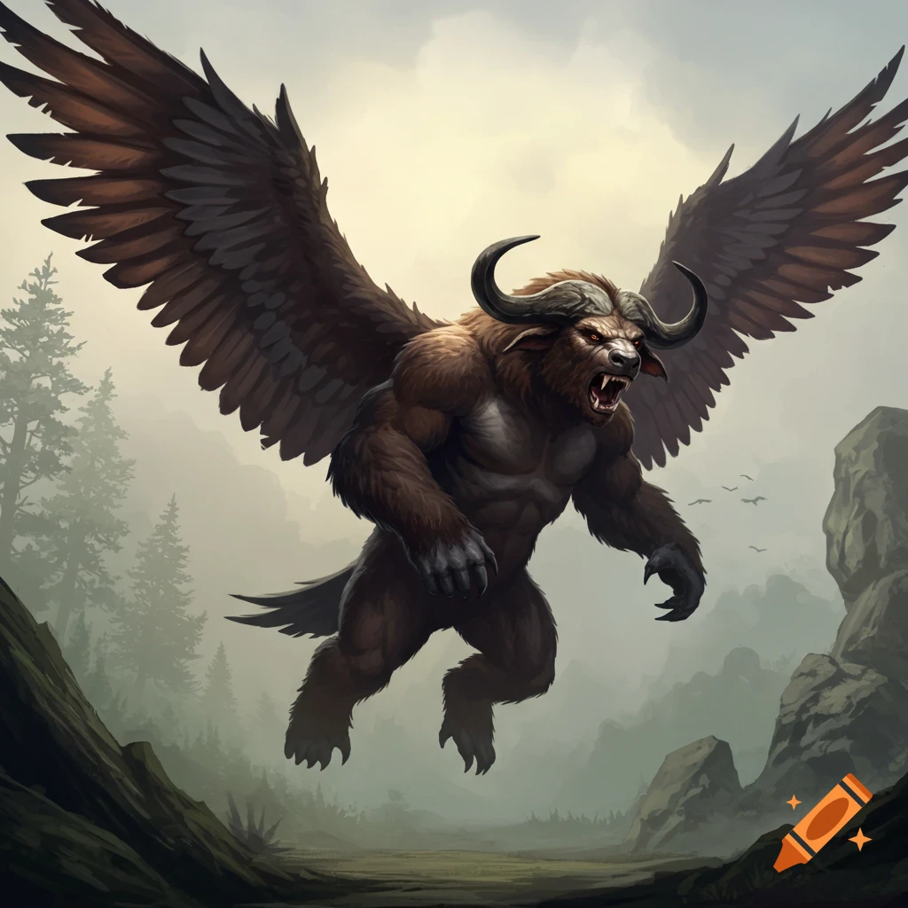A flying fantasy creature with bear, gorilla, hawk, and buffalo features over a misty landscape.