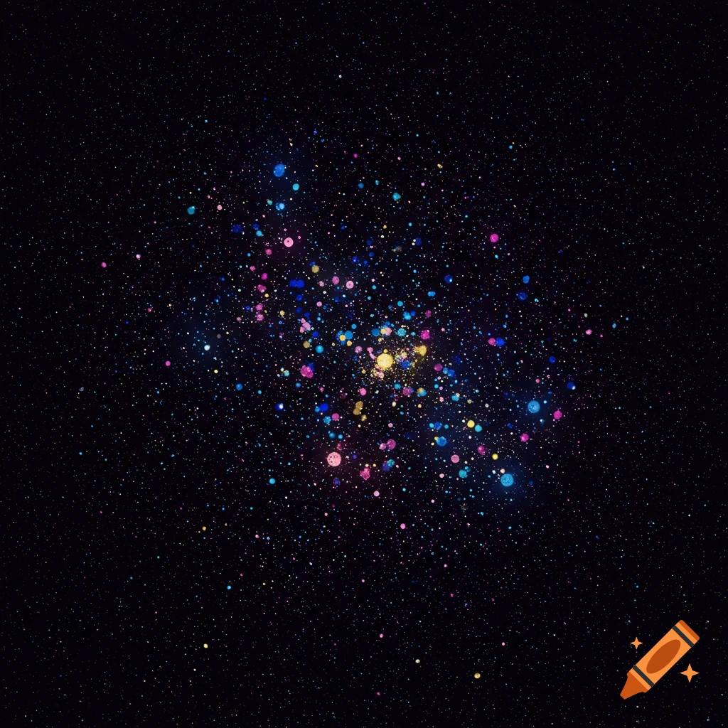 A black background with a central cluster of brightly colored dots scattered among smaller white dots, resembling stars or a galaxy.