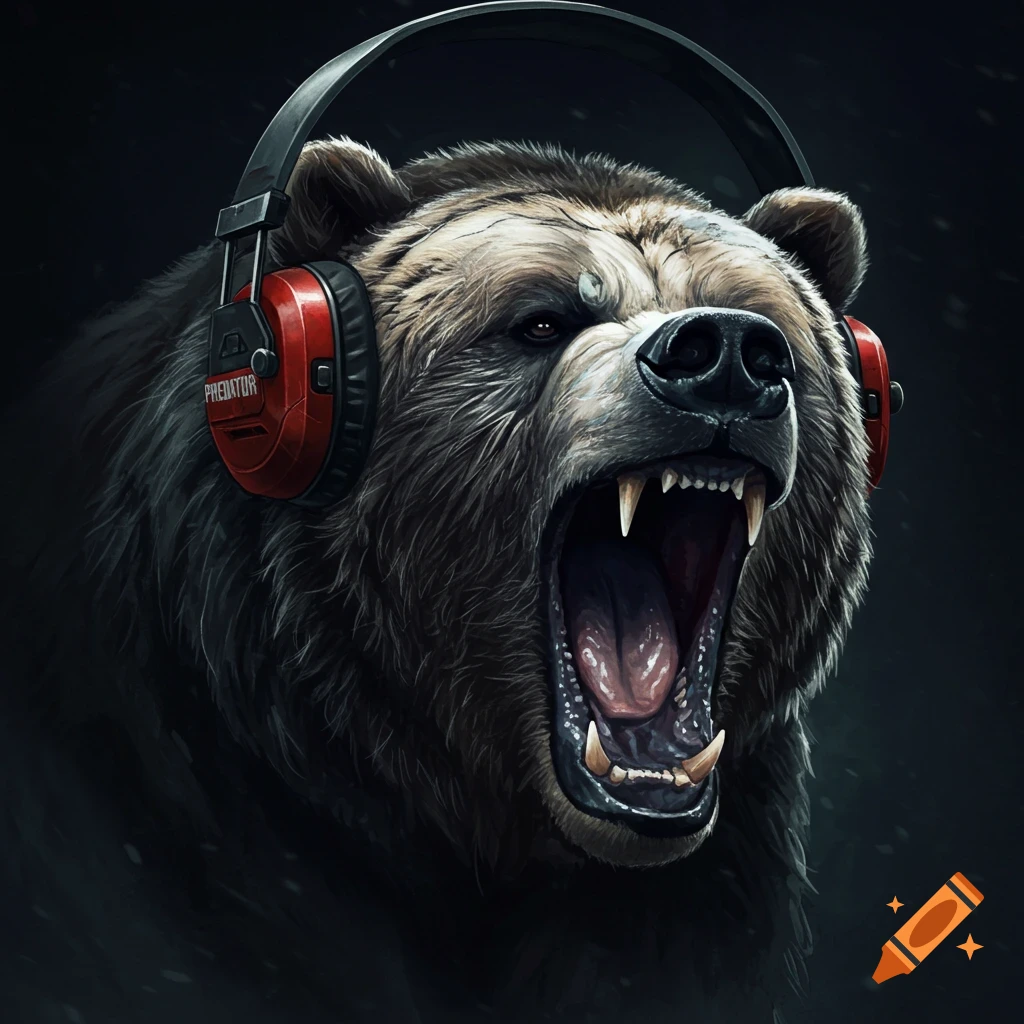 Close-up of a grizzly bear roaring while wearing headphones.