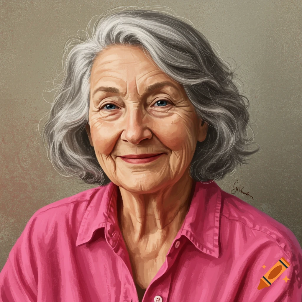 Portrait of a smiling older woman with grey hair wearing a pink shirt.