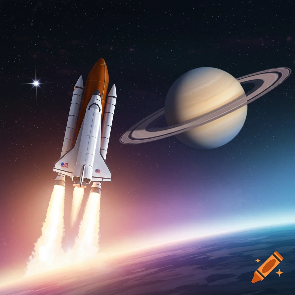 A space shuttle is launching from Earth towards Saturn.