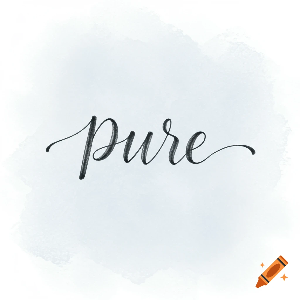 Black cursive writing of the word Pure on a light blue watercolor background.