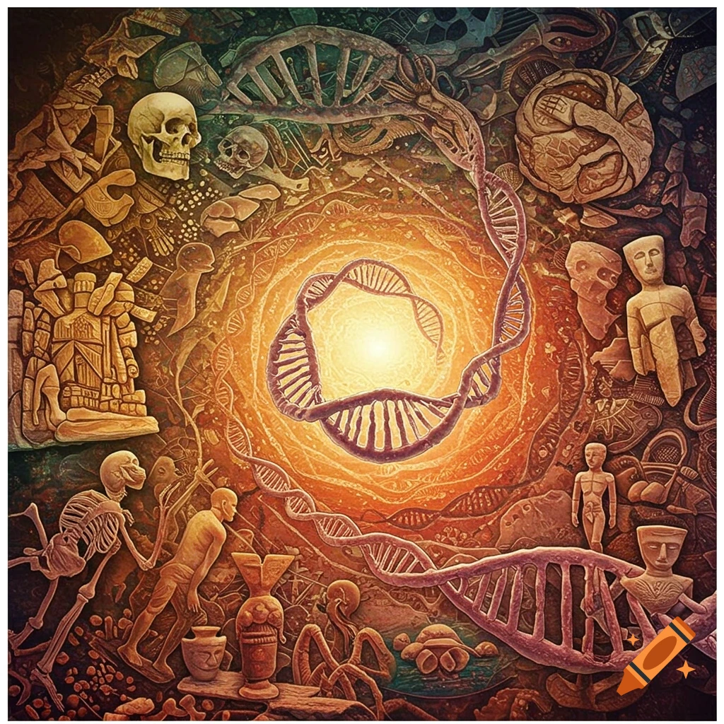 A DNA helix surrounded by skulls, skeletons, ancient figures, and symbolic elements.