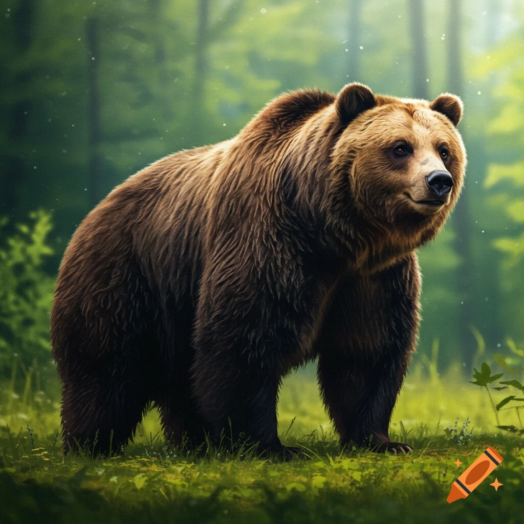 A brown bear standing in a forest.