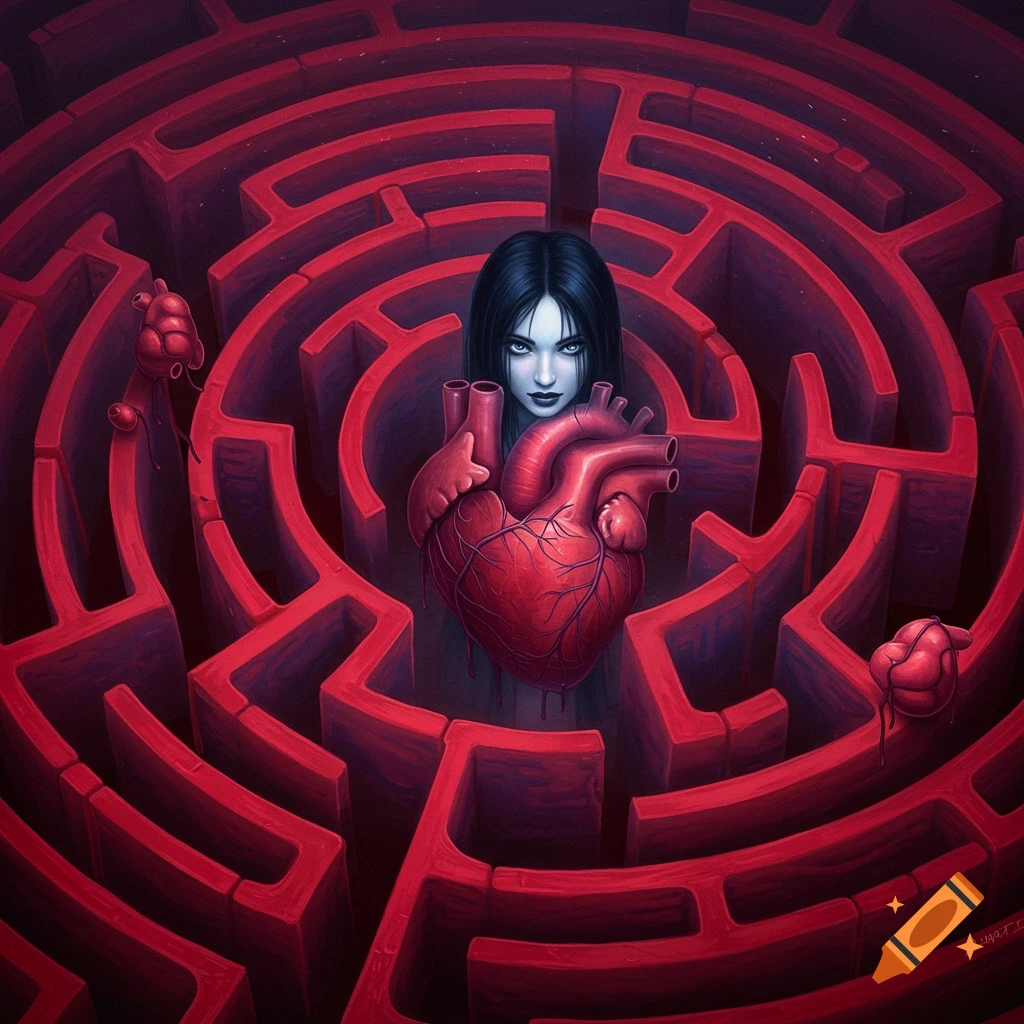 A woman's face and a heart are in the center of a red maze.