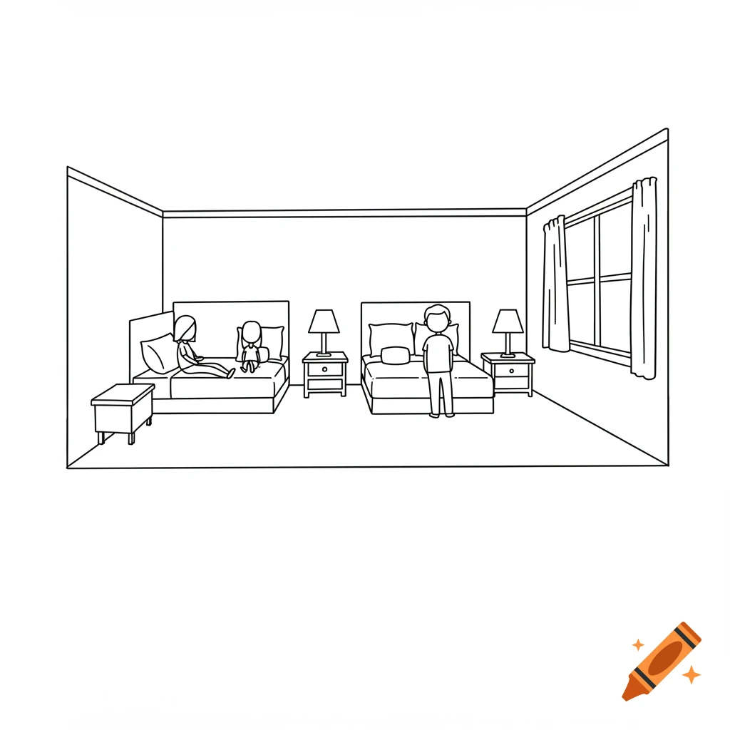 A simple black and white line drawing of a hotel room with two beds and three figures.