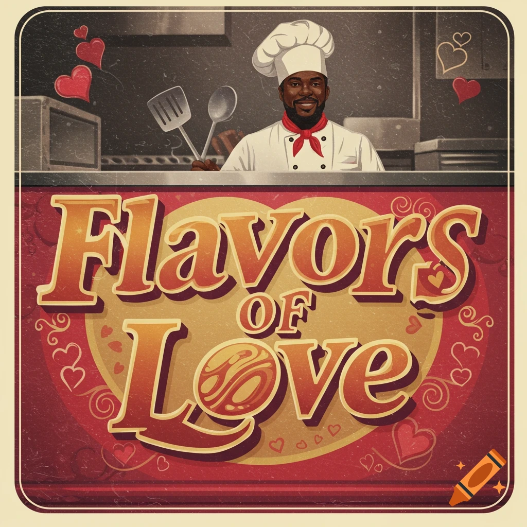 Smiling chef behind a retro-style sign that says "FLAVORS OF LOVE".